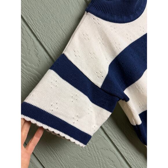 Vintage 80s Navy White Stripe Knit Top Short Sleeve Mock Neck Made in USA - Picture 3 of 6